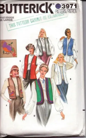 Butterick 3971 Vintage 1980's Sewing Pattern Ladies Vest Round or Square Armholes Size Large