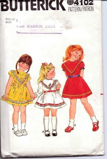 Butterick 4102 Girls Top Stitched Party School Dress Pull Over Short Sleeves Vintage 1980's Sewing Pattern