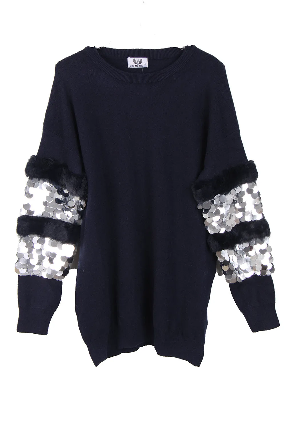 Knitted Jumper With Sequin and Faux fur Trim Sleeve